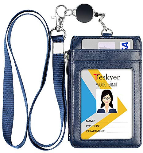 Teskyer ID Badge Holder with Retractable Lanyard, 4 Card Slots, Premium PU Leather ID Card Holder with Zipper Pocket, Easy Swipe ID Holder for Work ID, School ID, Metro Card and Access Card
