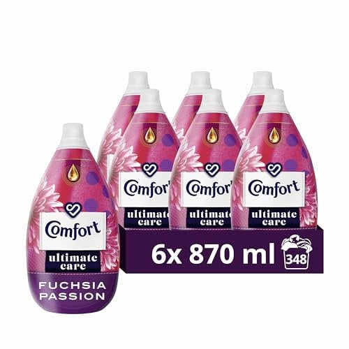 Comfort Ultimate Care Fuchsia Passion Ultra-Concentrated Fabric Conditioner bottle made of 100% recycled plastic* for complete clothes protection 6x 870 ml (348 washes)