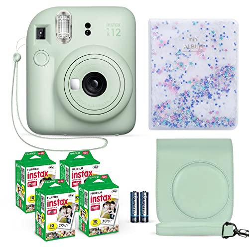 Fujifilm Instax Mini 12 Instant Camera Mint Green + Fuji Instax Film Value Pack (40 Sheets) + Shutter Accessories Bundle, Incl. Compatible Carrying Case, Quicksand Beads Photo Album 64 Pockets