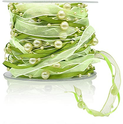10M ArtificialBead Pearl Ribbon Chiffon Ribbon and Organza Lace Ribbon Trims for Wedding Flower Christmas Tree Decoration Sewing Craft Packaging (Green)