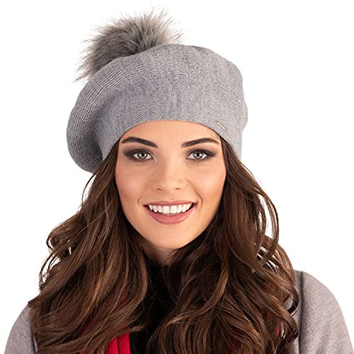 VIVISENCE Winter Baskenmütze Mit Bommel Für Damen Klassischem Herbst Frauen Mütze Schnitt Warmem Garn Mit Wollezusatz Eleganter Wintermütze Ideal Für Kalte Wintertage Modell 7035, Grau,Einheitsgröße