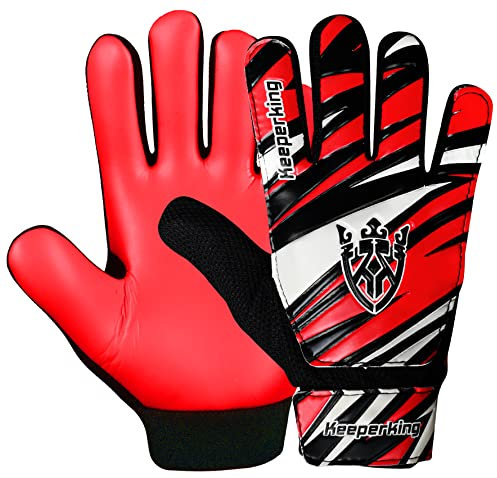 Keeperking Torwarthandschuhe Kinder, Jungen und Mädchen, Junior Fußballhandschuhe Fußball Spielerhandschuhe für Jungen tormannhandschuhe (4,Rot-Schwarz-Weiß)