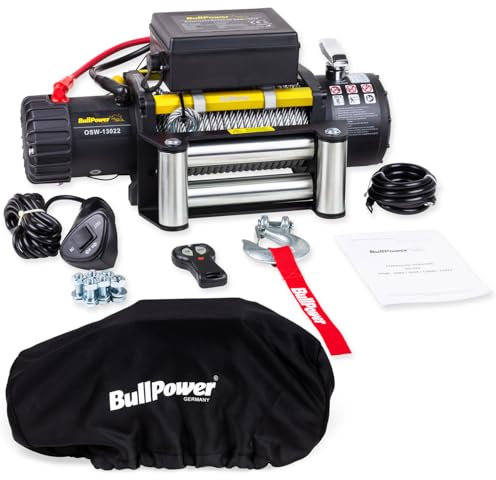 Bullpower Elektrische Seilwinde Offroad 4x4 Motorwinde Seilzug 12V 13000lbs - 5900kg OSW-13000 Mattes Design, Motorkühlung, verstärktem Rahmen inkl. Schutzhaube
