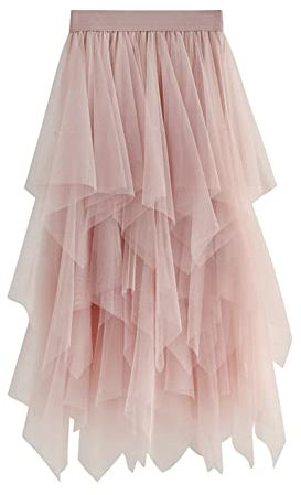 SotRong Tüllrock Rosa Damen Karneval Asymmetrisch Midirock Elastisch Hohe Taille Plissee Stufendecke Sommerrock Elegant Mesh Ballett Hochzeit Party Abschlussball Tutu Rock