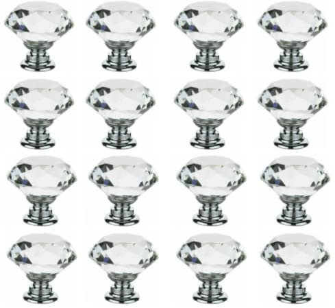 Taps2Traps Pack of 16 x Large Crystal Diamond Glass Door Knobs for Cupboard Drawer Furniture Handle Cabinet
