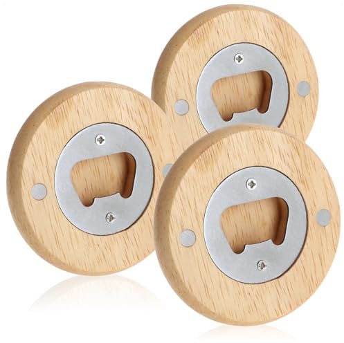 com-four® 3X Flaschenöffner aus rostfreiem Edelstahl mit praktischem Naturholz-Griff - Kapselheber in schlichtem Design (03 Stück - Holz. Edelstahl. rund)