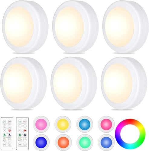 WUYOR Wireless Under Cabinet Light 6 Pack - 16 LED Color Changing Touch Control, Battery Operated, Kitchen Under Counter Push Light With Remote and Adjustable Brightness