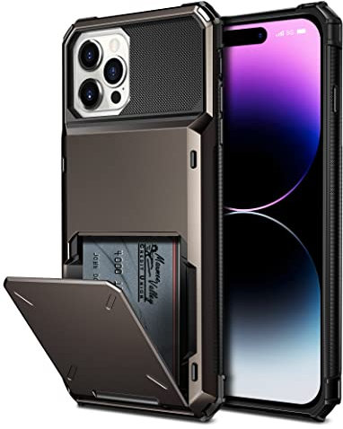 Coolden for iPhone 14 Pro Case with Card Holder Wallet Case 4 Card Pocket Armor Shockproof Case Heavy Duty Hard Back TPU Bumper Flip Protective Case Cover for iPhone 14 Pro Phone Case (Gun Color)