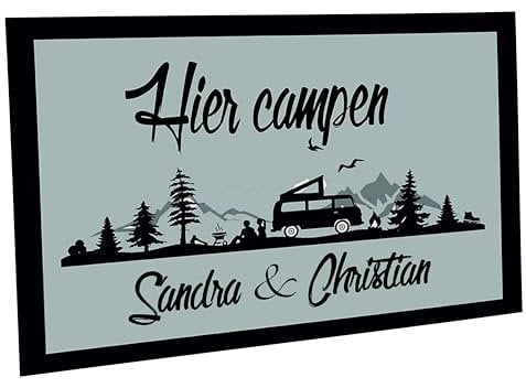 Crealuxe Fussmatte für Camper-Freunde - Hier campen Wunschname - für Wohnwagen, Kastenwagen, Wohnmobil, Stufenmatte, Trittstufenmatte, Eingangsbereich oder Trittstufe (Hier campen)