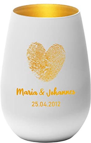 Windlicht personalisiert in weiß-Gold mit Wunschgravur - Motiv: Herz Fingerabdruck - Kristallglas Teelichthalter, Kerzenhalter - für Hochzeit, Jahrestag, Verlobung - Liebespaar - Deko Romantik, Liebe
