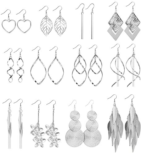 12 Paar Silber Tropfen Ohrringe für Damen Mädchen, Silber Ohrhänger Boho Ohrringe Set, Rund/Prisma/Feder/Kette/Wellendrehung einzeln/doppelt linear hohl/Blume/Herz/Blätter/lange/Fransen Ohrringe