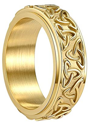 TQWSVUM Männer Frauen Wikinger Keltischer Knoten Spinner Band Ring – Nordischer Triquetra Knoten Edelstahl Drehbarer Ring – Handgefertigter 8 mm Irischer Knoten Versprechen Ring Schmuck(Gold,08)