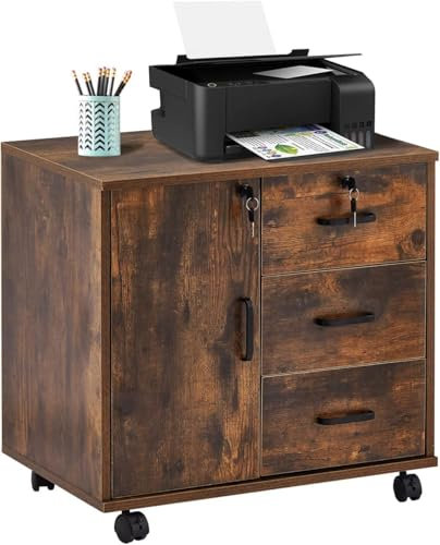 LEMROE Classeur Mobile avec Armoire verrouillable et Armoire latérale à 3 tiroirs pour Documents et imprimante, Bureau à Domicile, Marron