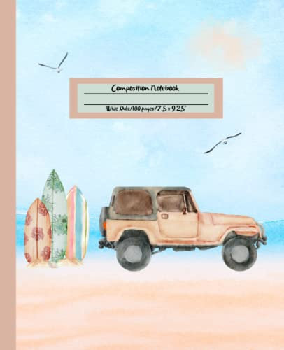 Beach and Surfboard Composition Notebook: Wide Rule, Surf, Ocean, Marine, Surfing, Coastal