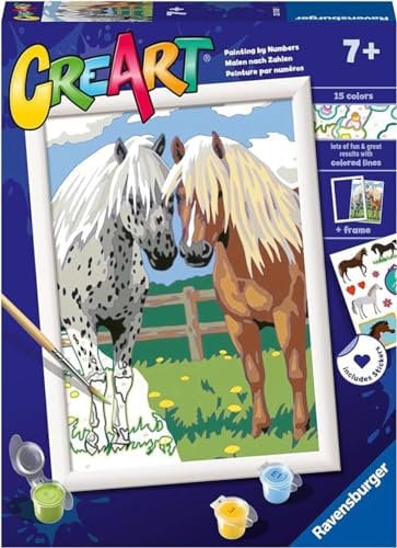 Ravensburger - CreArt Série D : Paire de chevaux, Kit de peinture par numéros, Contient une planche pré-imprimée, un pinceau, des couleurs et des accessoires, un jeu créatif pour enfants et filles 7+