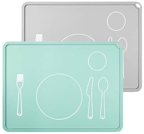 webake Lot de 2 sets de table en silicone - 40 x 30 cm - Résistants à la chaleur - Lavables - Antidérapants - Gris - Vert