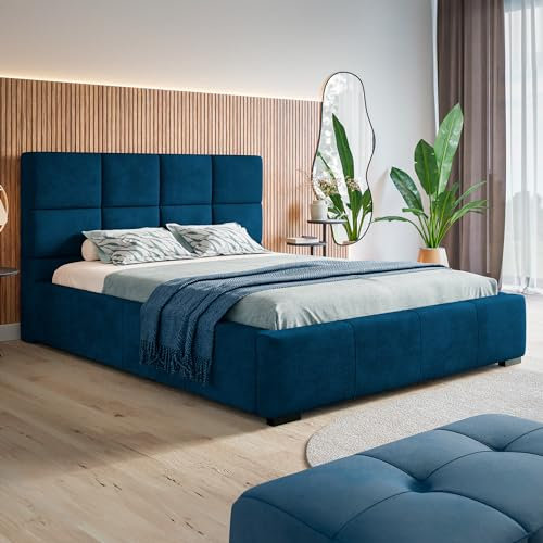 MOTIVENA Luna Bett 180x200, Polsterbett 180x200, mit Bettkasten, mit Stauraum, mit Lattenrost, mit Kopfteil, ohne Matratze, Samt, Blau (Dunkelblau)