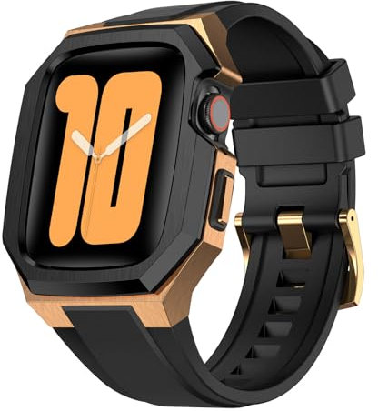 AIRYZGOOD Luxury Metal Case with Band Compatible for Apple Watch Band 44mm 45mm,Men Rugged Protective Bumper Cover with Soft Silicone Strap for iWatch Series 9/8/7(Black/Rose Gold 45MM)
