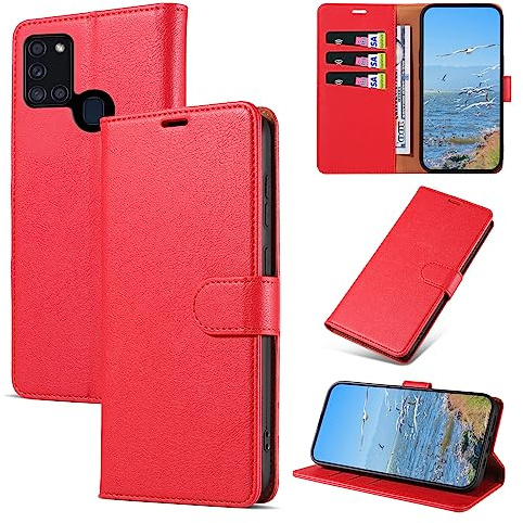 KKEIKO Hülle Kompatibel mit Samsung Galaxy A21S, Magnet Klappbar Handyhülle mit Kartenfach, PU Leder Stoßfest Schutzhülle für Samsung A21S, Rot