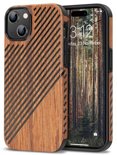 TENDLIN Kompatibel mit iPhone 15 Plus Hülle Holz und Leder Hybrid Handyhülle (Rotes Sandelholz)