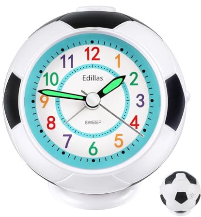 Edillas Wecker Kinder Jungen Mädchen,Fußball Wecker Analog Geräuschlos Ohne Ticken mit Licht Schlummerfunktion für Kinder Schlafzimmer Nachttisch Tisch Aufwachenuhr(Blau)