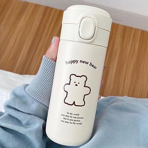 SPEPROECO 450ml Bear Water Bottle with Carry Bag,Stainless Steel Kawaii Water Bottles for Girls,Cute Bear Insulated Water Bottles Reusable Cute Bear Vacuum for Teens Girls Kids School Sports