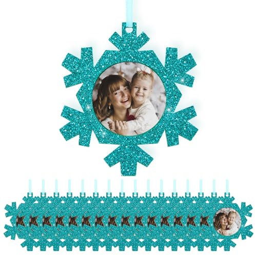 Fassory 20 Pcs Blue Christmas Ornaments Snowflakes Felt Glittering Hanging Photo Frame, Xmas Tree Photo Baubles, Pictured Gift Tags, Winter Frozen Party Decorations (Blue Snowflakes)