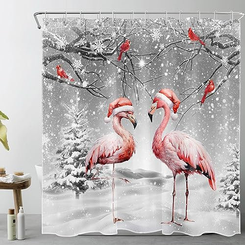 LB Graue Weihnachten Duschvorhang 180x200cm(BxH) Roter Vogel Rosa Flamingo Antischimmel Wasserdicht Badezimmer Vorhänge, Schnee im Winter Extra Lange Polyester Stoff Bad Vorhang mit Haken