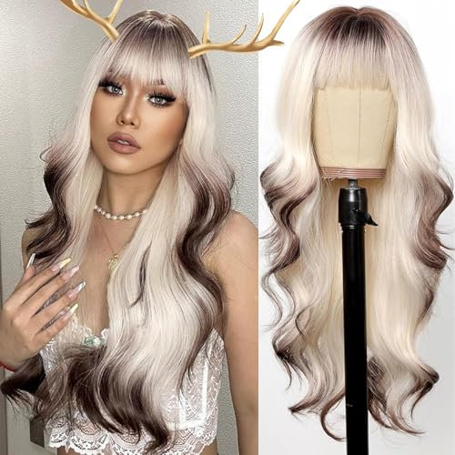 testar Lange Platin Braune Ombre Wellenperücken Für Frauen 26 Zoll Weiße Blonde Perücken Synthetische Lockige Perücken Für Die Tägliche Party Jeden Anlass