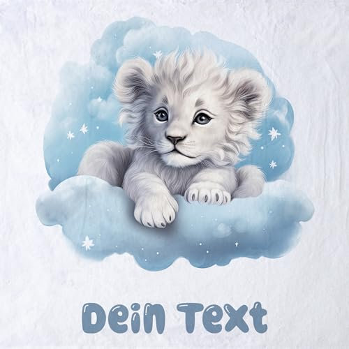 GRAZDesign Babydecke mit Namen personalisiert Kleiner Löwe auf Wolke blau flauschig, Baby Kuscheldecke zur Geburt, Geburtstag, Weihnachten 100x75cm - Fleecedecke
