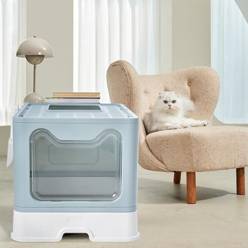 Willonin Bac à Litière Fermé, Maison de Toilette, Plateau Amovible, Pelle, pour Grand Chat, Capacité de Charge 15 kg, Anti-Traces, Anti-fuites,XXL-51×41×38 cm (Bleu)
