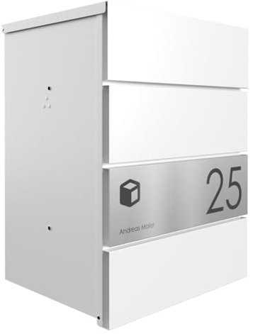 Briefkasten Manufaktur Design Aufputz Paketbox Kant Edition - Elegance 1 individuell mit Ihrem Namen & Hausnummer (RAL 9016 verkehrsweiß)