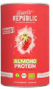 HARVEST REPUBLIC Protéine d'amande bio en poudre fraise avec 100 % de poudre de fruits véritable | 320 g de poudre de protéines végétaliennes, affinée avec des fruits lyophilisés | Jusqu'à 13 g de