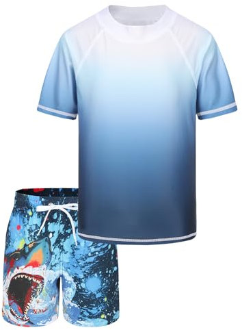 T Shirt de Bain Anti UV Enfant à Manches Courtes Rashguard Maillot de Bain Garcon 2 Pieces Haut de Bain Anti UV Garcon Short de Bain Garcon Enfant pour Surf Natation Piscine Plage 5 6 Ans