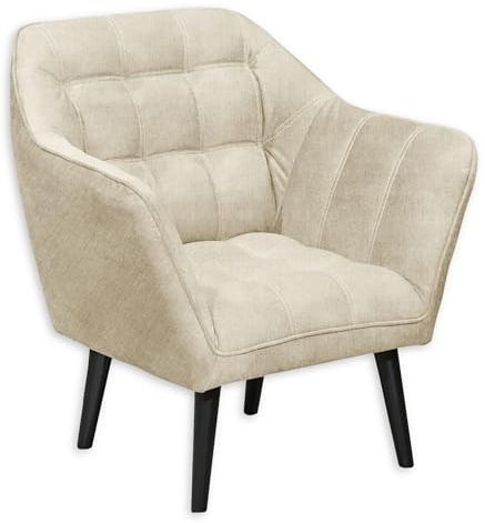 Stella Trading MAX Loungesessel mit Armlehnen, Cream - Bequemer Sessel gepolstert mit schwarzen Massivholz Füßen für Esszimmer & Wohnzimmer - 84 x 87 x 70 cm (B/H/T)
