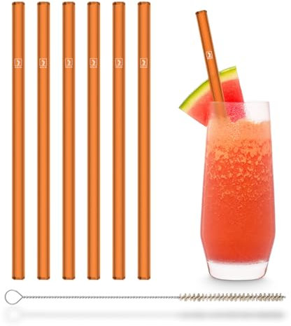 Halm Orange NEON Glass Straws 6 Pieces 20 cm Blacklight Party + Plastic-Free Cleaning Brush - Dishwasher Safe - Sustainable - Glass Drinking Straws
