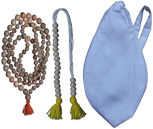 Samyuktha Japa Mala-Taschen-Set für Chanten, Meditation zu gefallen, Lord Radha Krishna - Gomukhi Baumwollperlentasche + Japa Mala 108 Perlen + Jaap-Zähler (66 cm, einfarbiges Perlenbeutel-Set, weiß)