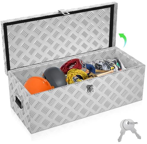 SUBTLETY 80L Aluminium Werkzeugkästen mit 2 Schlüssel Abschließbare Transportbox Wasserdichte Metallkiste Werkzeugkoffer Aufbewahrung Deichselbox mit Deckel Alukiste für PKW Anhänger (Silber)