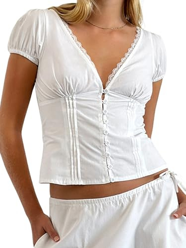 Women's Lace Trim Buton Up Shirt Short Sleeve Deep V Neck Ruched Tee Top Elastic Cuffs Slim Fit Cropped Length Casual Streetwear (A-White, L)
