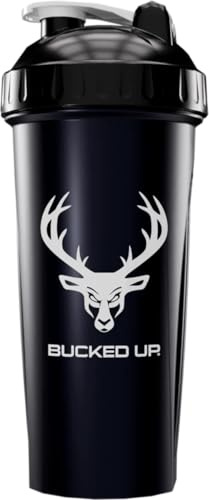 Bucked Up Perfect Shaker Bottle, 28oz, BPA-Free, Dishwasher Safe, Leak-Proof, Black Bottle with White Buck Logo