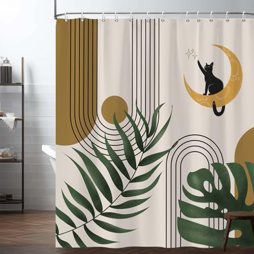 Ttincceer bohème Rideau de Douche Chat Noir Feuilles abstraites Rideau de Douche Vintage médiéval esthétique Salle de Bains Rideau décoratif Rideau de Baignoire imperméable Polyester 180x180cm