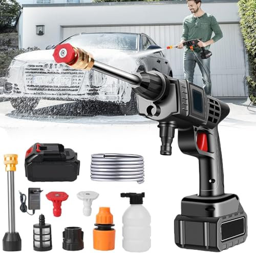 Idropulitrice Portatile, 90 Bar Idropulitrice Pulitore Portatile Senza Fili con Tubo da 5m, Regolazione Intelligente Della Tensione, Lunga Durata, per Auto, Patii, Finestre, Prati, Animali Domestici
