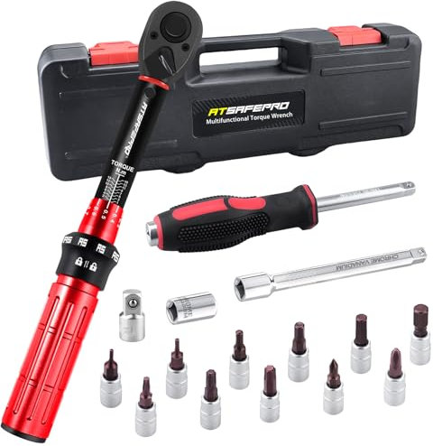 ATsafepro Clé Dynamométrique 1/4'', 1-15 Nm Clé Dynamométrique Velo Kit 17 Pièces avec 11 Embouts, Tournevis, Douille 1/4'', Adaptateur 3/8'' & Prolongateur 4 Pouces, Précision ±3%