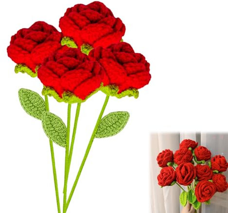 ZYETGH 4PCS Crochet Flowers, Handmade Crochet Flower Bouquet Red Roses Knitted Flowers Artificial Flower for Decorating Rooms Home Desktop