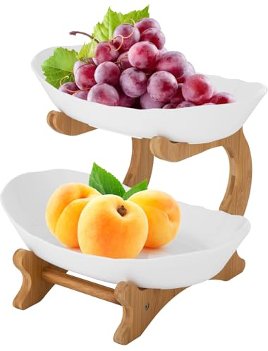 GANYUNG 2 Tiers Plastic Fruit Bowl, Large Capacity Bamboo Fruit Serving Tray with Holder, Kitchen 2-Tier Fruit Basket Stand, for Bread Vegetable Snacks Candy Storage (White)
