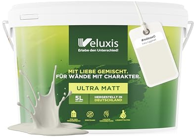 Veluxis Wandfarbe Hellgrau Creme Beige matt 5 L – Easy Eggshell | Innenfarbe mit Deckkraft Klasse 1, VOC-frei, ohne Grundierung, tropfarm, für Wohnzimmer und Schlafzimmer