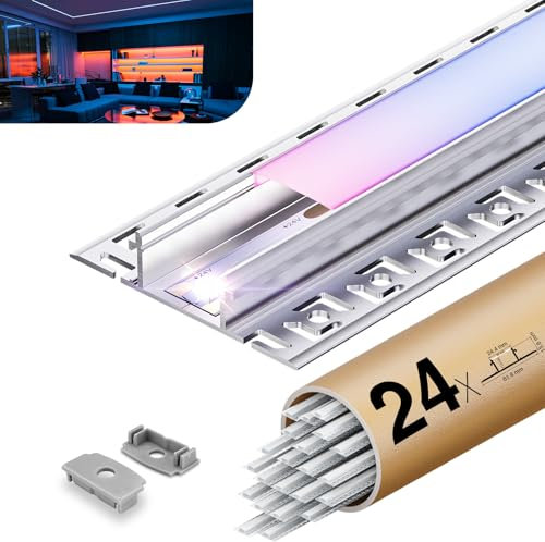 24 x LED Fliesenprofil 2m ohne Fräsung, Einfache Montage LED Unterputzprofil Flächenbündig für Led Streifen bis 20 mm, inkl. Lichtdiffusor aus PC Endkappen für Decke, Gipskarton & Holz geeignet