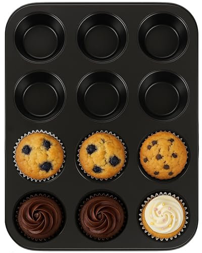 AXXTAN 12 Cup Muffin Tray Nonstick - Dishwasher Safe Cupcake Tins for Baking | Non-Stick Pan Muffin Trays, Baking Mould for Muffins or Cupcakes, Bakeware - (Black)
