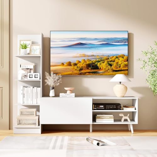 GIANTEX Mobile TV da parete bianco con vano portaoggetti, mobile TV con libreria e scaffale regolabile, supporto per TV fino a 50 pollici, tavolo TV, credenza bassa, legno
