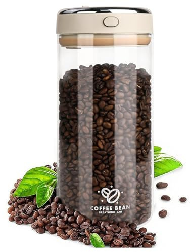 Pmueuff 1.7L Kaffeebohnen Behälter, Kaffeebohnen Aufbewahrung mit Auslassventil und Datumsanzeige, Kaffeedose Luftdicht Glas für Kaffeebohnen, Pulver, Tee, Nüsse, Kaffee